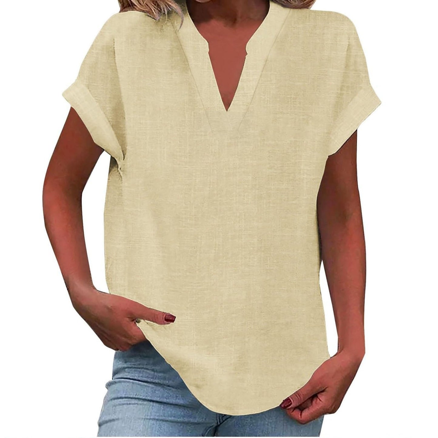 Comfortable V Neck Blouses for Women with Short Sleeve Relaxed Soft Linen Casual Style