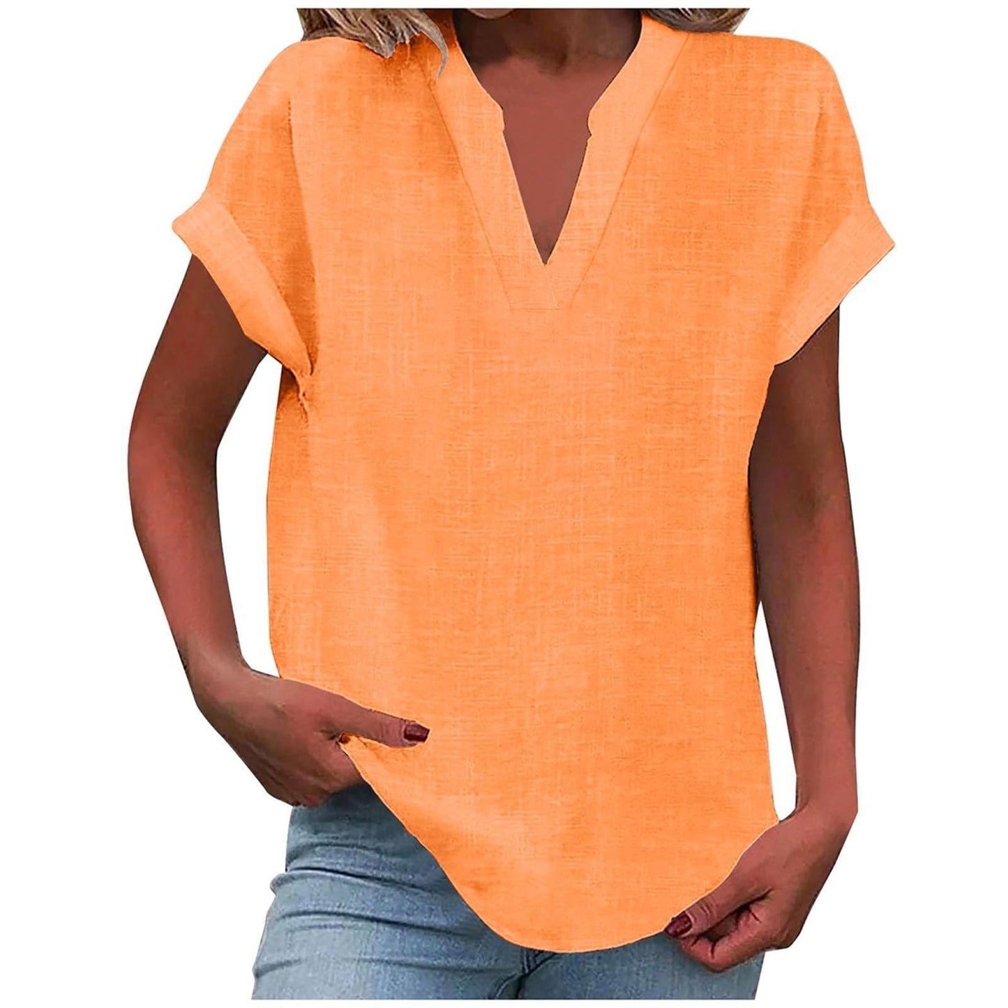 Comfortable V Neck Blouses for Women with Short Sleeve Relaxed Soft Linen Casual Style
