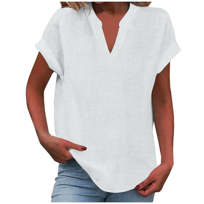 Comfortable V Neck Blouses for Women with Short Sleeve Relaxed Soft Linen Casual Style