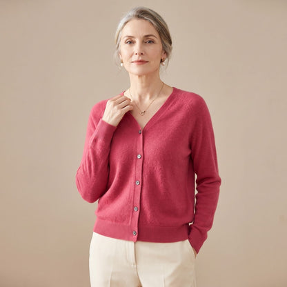 Cozy Pink Knit Cardigan Sweater for Women with V Neck Button Front Long Sleeve Relaxed Style