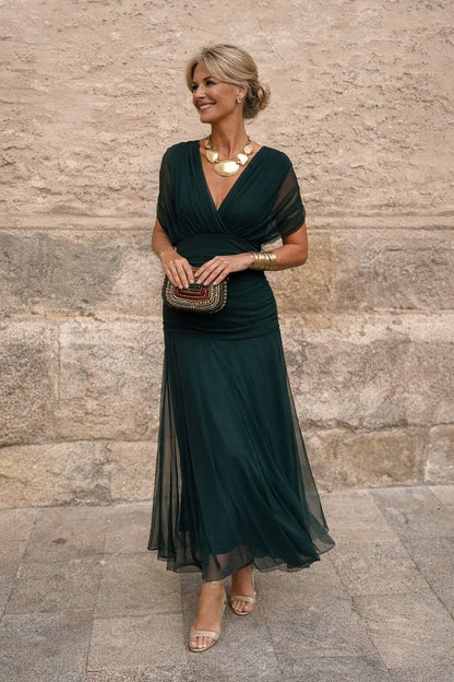 Elegant Wrap Maxi Dress for Women with V Neck Flutter Sleeve Ruched Flowing Fall Wedding Guest Style