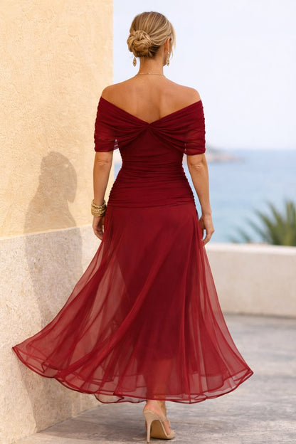 Elegant Wrap Maxi Dress for Women with V Neck Flutter Sleeve Ruched Flowing Fall Wedding Guest Style