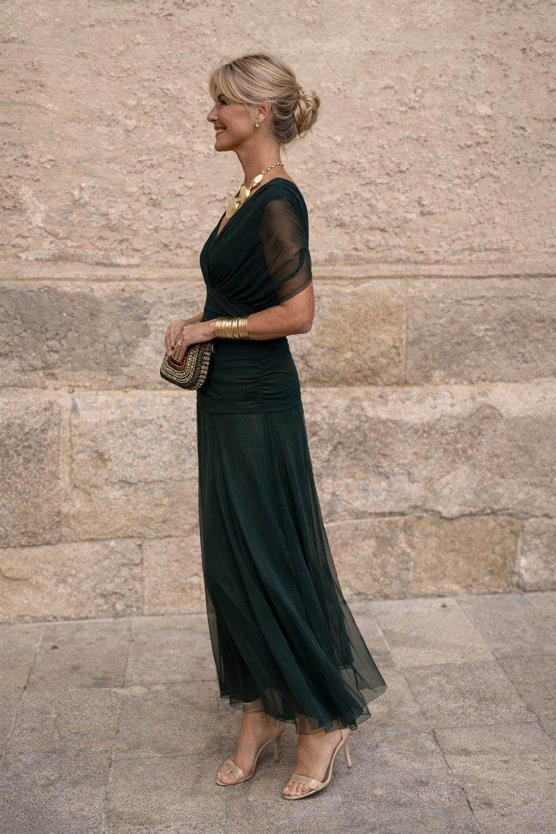 Elegant Wrap Maxi Dress for Women with V Neck Flutter Sleeve Ruched Flowing Fall Wedding Guest Style