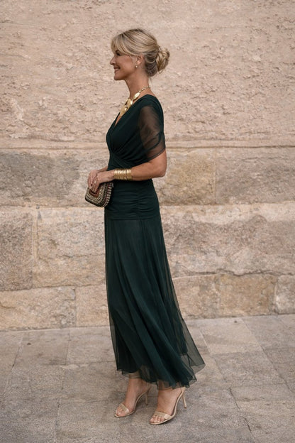 Elegant Wrap Maxi Dress for Women with V Neck Flutter Sleeve Ruched Flowing Fall Wedding Guest Style