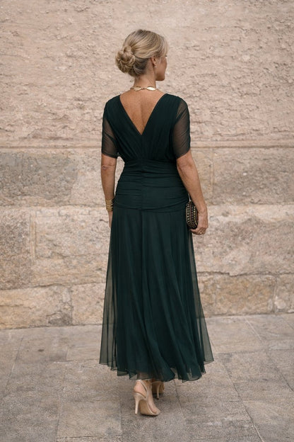 Elegant Wrap Maxi Dress for Women with V Neck Flutter Sleeve Ruched Flowing Fall Wedding Guest Style