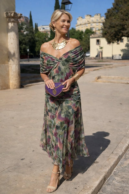 Elegant Wrap Maxi Dress for Women with V Neck Flutter Sleeve Ruched Flowing Fall Wedding Guest Style
