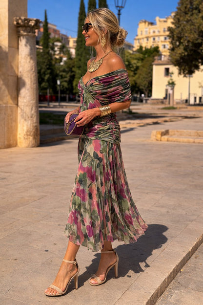 Elegant Wrap Maxi Dress for Women with V Neck Flutter Sleeve Ruched Flowing Fall Wedding Guest Style