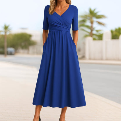 Effortless Midi Dress for Women with V Neck Short Sleeve Empire Waist Flowing Casual Style