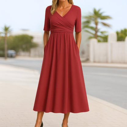 Effortless Midi Dress for Women with V Neck Short Sleeve Empire Waist Flowing Casual Style