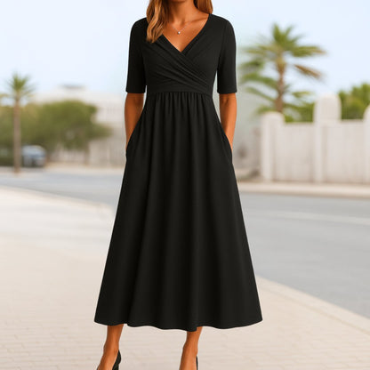 Effortless Midi Dress for Women with V Neck Short Sleeve Empire Waist Flowing Casual Style