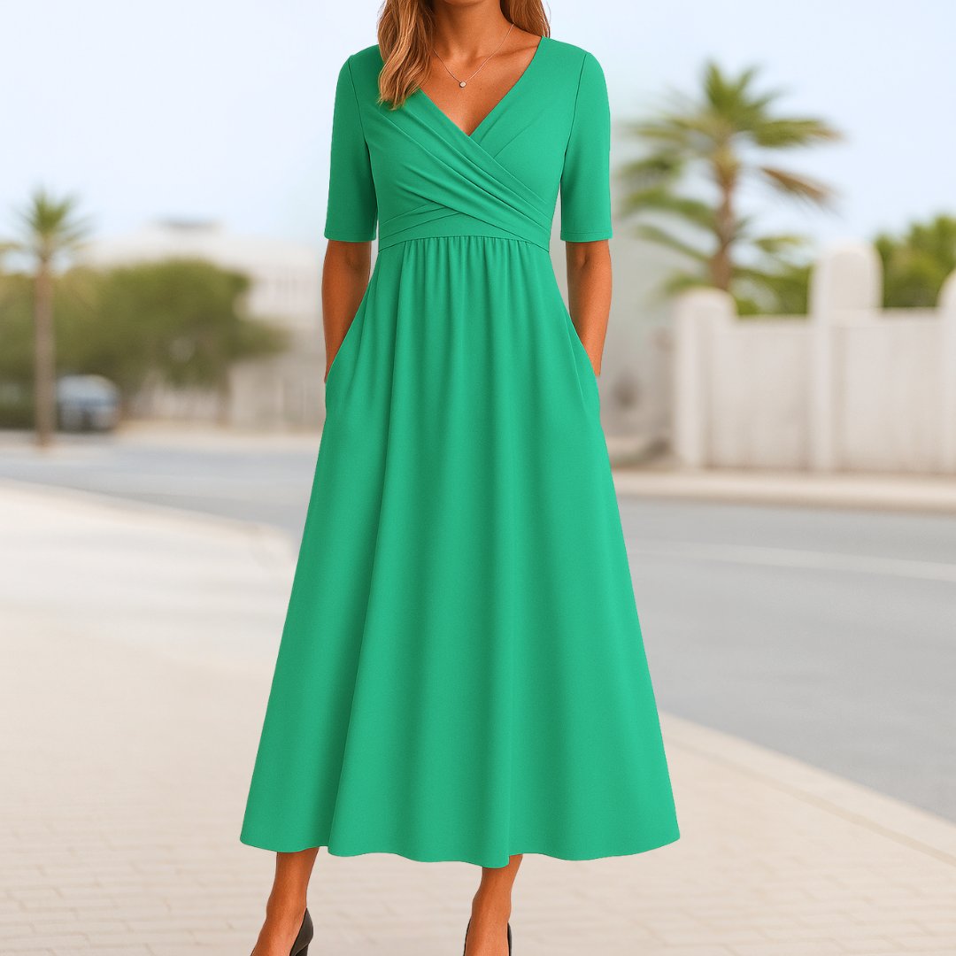 Effortless Midi Dress for Women with V Neck Short Sleeve Empire Waist Flowing Casual Style