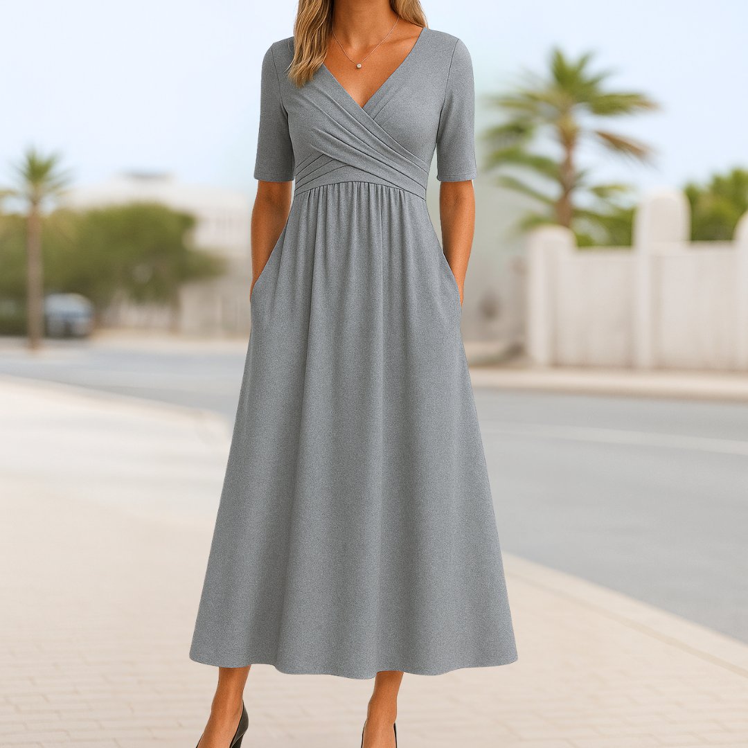 Effortless Midi Dress for Women with V Neck Short Sleeve Empire Waist Flowing Casual Style