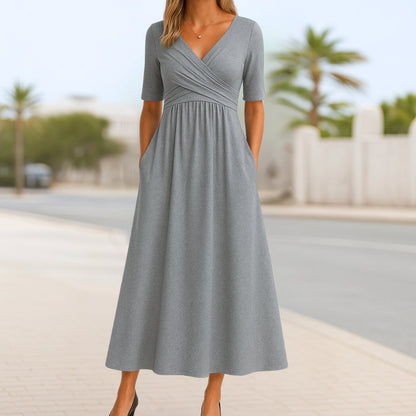 Effortless Midi Dress for Women with V Neck Short Sleeve Empire Waist Flowing Casual Style