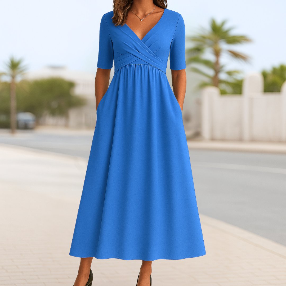 Effortless Midi Dress for Women with V Neck Short Sleeve Empire Waist Flowing Casual Style