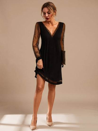 Elegant Cocktail Mini Dress for Women with V-Neck Glitter Mesh Long Sleeve Contrast Shift Holiday Party Style