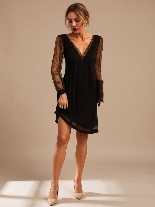 Elegant Cocktail Mini Dress for Women with V-Neck Glitter Mesh Long Sleeve Contrast Shift Holiday Party Style
