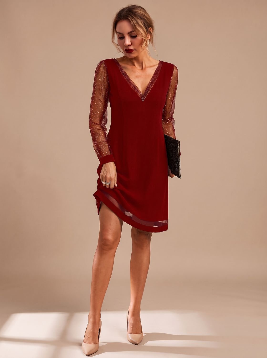 Elegant Cocktail Mini Dress for Women with V-Neck Glitter Mesh Long Sleeve Contrast Shift Holiday Party Style