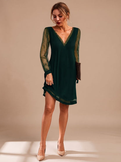 Elegant Cocktail Mini Dress for Women with V-Neck Glitter Mesh Long Sleeve Contrast Shift Holiday Party Style