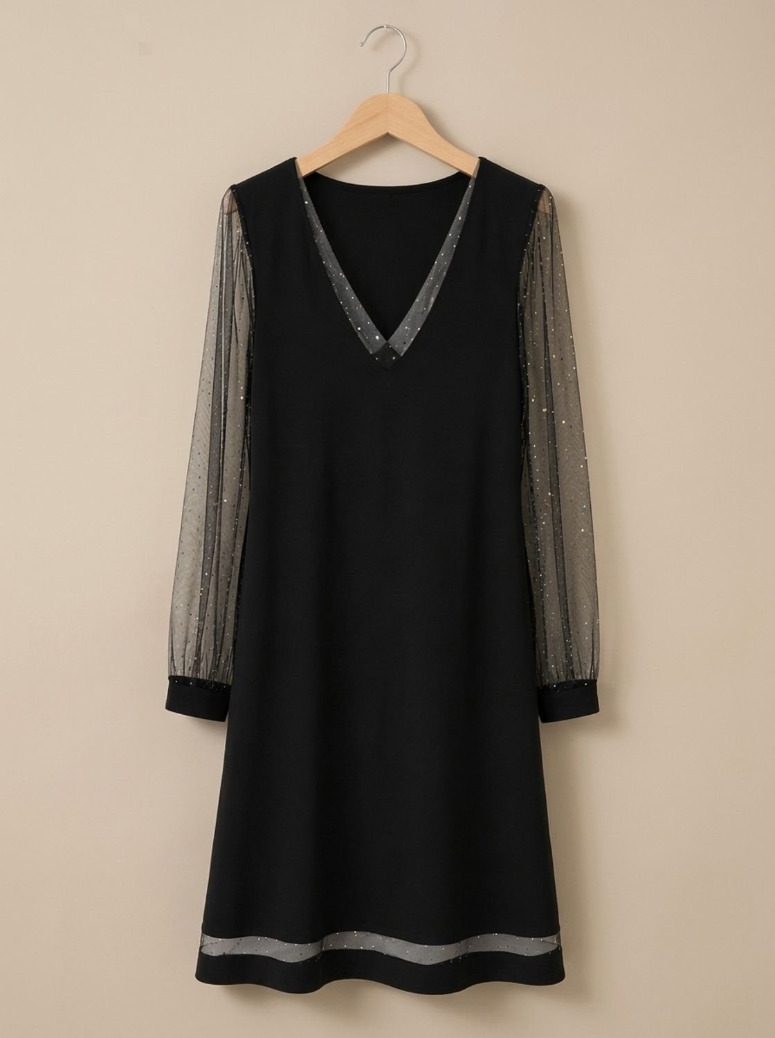 Elegant Cocktail Mini Dress for Women with V-Neck Glitter Mesh Long Sleeve Contrast Shift Holiday Party Style