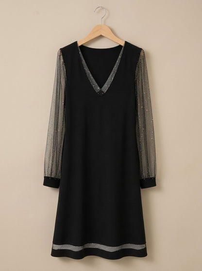 Elegant Cocktail Mini Dress for Women with V-Neck Glitter Mesh Long Sleeve Contrast Shift Holiday Party Style