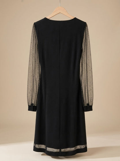 Elegant Cocktail Mini Dress for Women with V-Neck Glitter Mesh Long Sleeve Contrast Shift Holiday Party Style