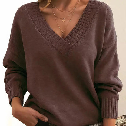 Comfortable Knit Sweater for Women with V Neck Long Sleeve Ribbed Relaxed Oversized Style