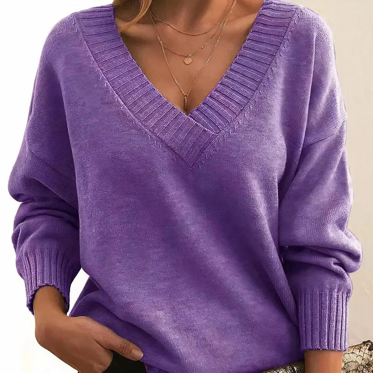 Comfortable Knit Sweater for Women with V Neck Long Sleeve Ribbed Relaxed Oversized Style