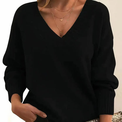 Comfortable Knit Sweater for Women with V Neck Long Sleeve Ribbed Relaxed Oversized Style