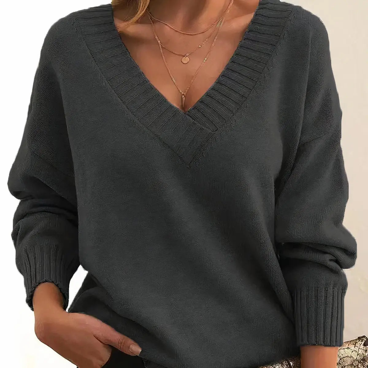 Comfortable Knit Sweater for Women with V Neck Long Sleeve Ribbed Relaxed Oversized Style
