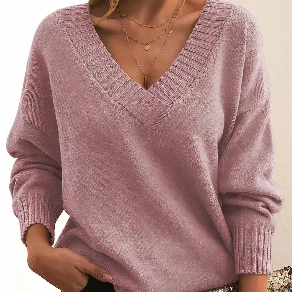 Comfortable Knit Sweater for Women with V Neck Long Sleeve Ribbed Relaxed Oversized Style