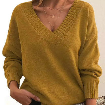Comfortable Knit Sweater for Women with V Neck Long Sleeve Ribbed Relaxed Oversized Style