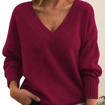Comfortable Knit Sweater for Women with V Neck Long Sleeve Ribbed Relaxed Oversized Style