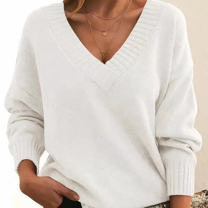 Comfortable Knit Sweater for Women with V Neck Long Sleeve Ribbed Relaxed Oversized Style