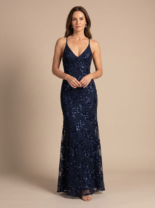 Elegant Sequin Wedding Guest Gown for Women with V-Neck Open-Back Floral Floor-Length Formal Style