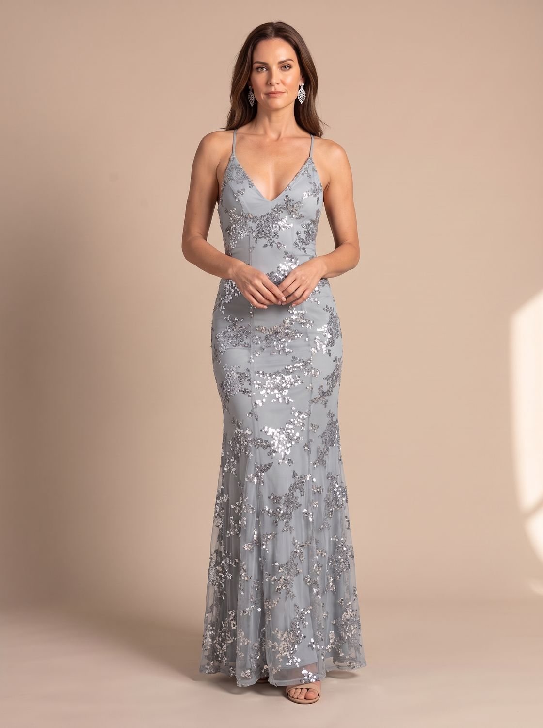 Elegant Sequin Wedding Guest Gown for Women with V-Neck Open-Back Floral Floor-Length Formal Style