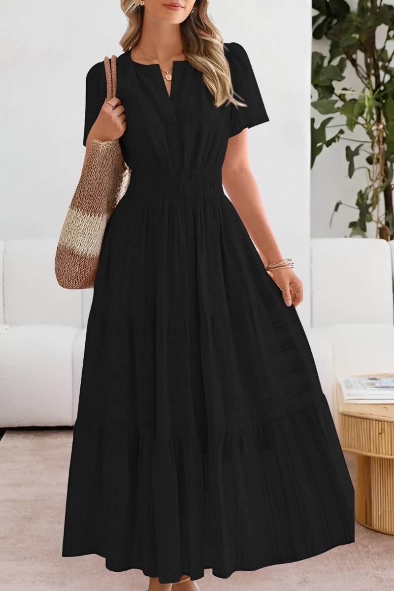 Elegant Black Dress for Women with Notched V Neck Short Sleeve Tiered Flowing Style