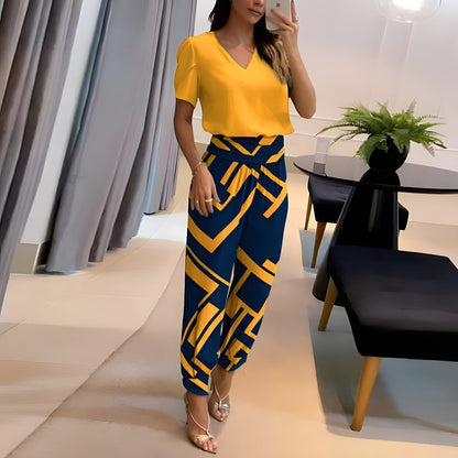 Effortless Wide Leg Set for Women with V Neck Short Sleeve Printed Maxi Skirt Two Piece Style