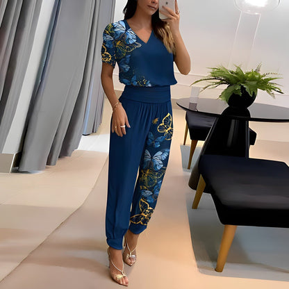 Effortless Wide Leg Set for Women with V Neck Short Sleeve Printed Maxi Skirt Two Piece Style