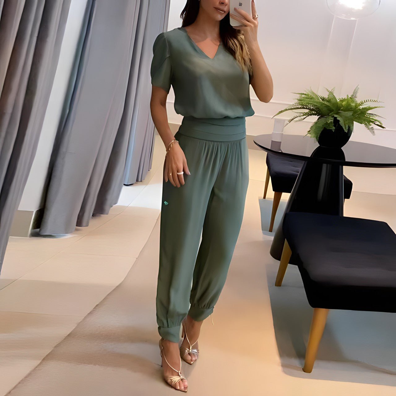 Effortless Wide Leg Set for Women with V Neck Short Sleeve Printed Maxi Skirt Two Piece Style