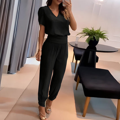 Effortless Wide Leg Set for Women with V Neck Short Sleeve Printed Maxi Skirt Two Piece Style