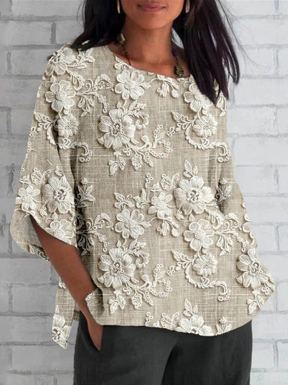 Effortless Floral Blouses for Women with Round Neck Elbow Sleeve Lace Relaxed Textured Style
