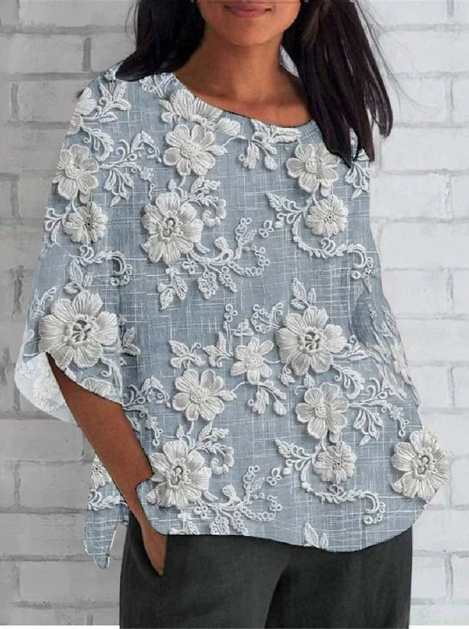 Effortless Floral Blouses for Women with Round Neck Elbow Sleeve Lace Relaxed Textured Style