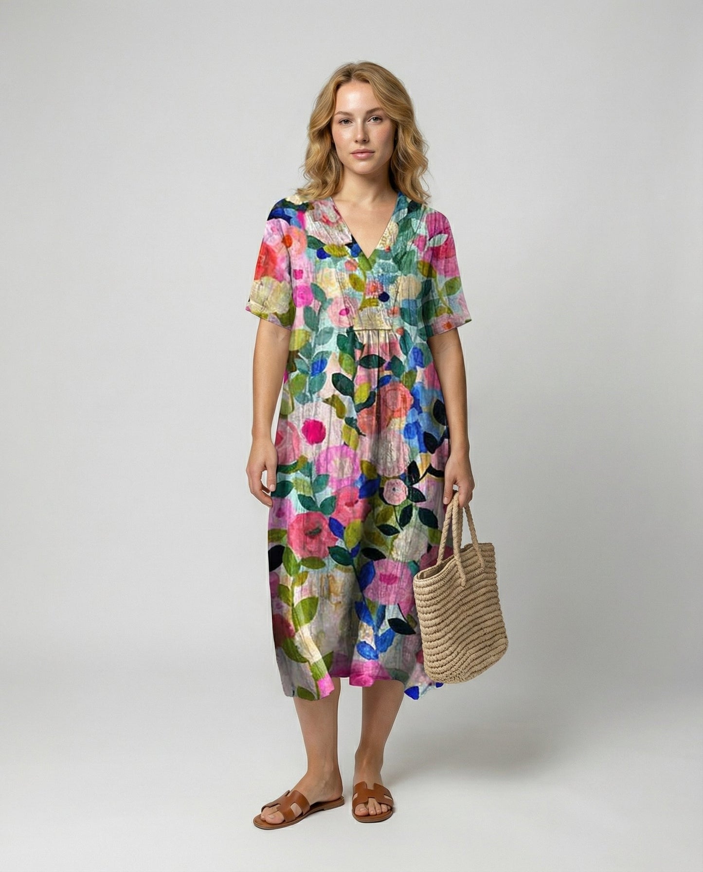 Effortless Floral Midi Dress for Women with V Neck Short Sleeve Relaxed Casual Style