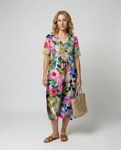 Effortless Floral Midi Dress for Women with V Neck Short Sleeve Relaxed Casual Style