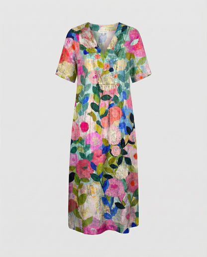 Effortless Floral Midi Dress for Women with V Neck Short Sleeve Relaxed Casual Style