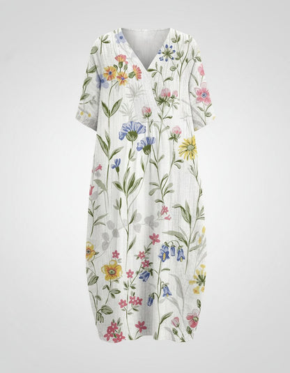 Effortless Floral Midi Dress for Women with V Neck Short Sleeve Relaxed Casual Style
