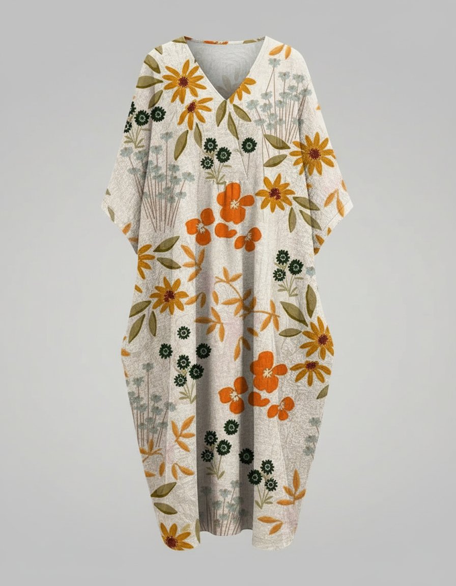 Effortless Floral Midi Dress for Women with V Neck Short Sleeve Relaxed Casual Style