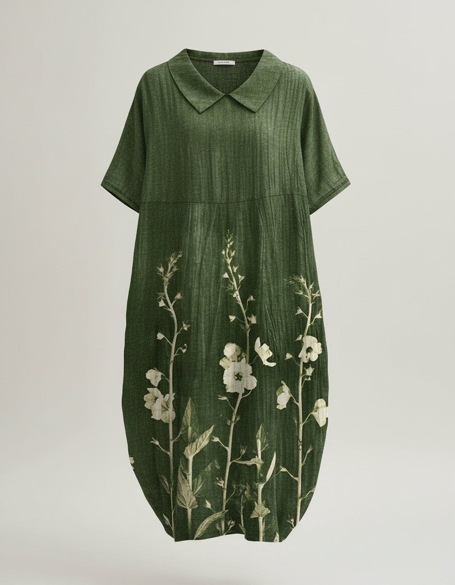 Effortless Floral Midi Dress for Women with V Neck Short Sleeve Relaxed Casual Style