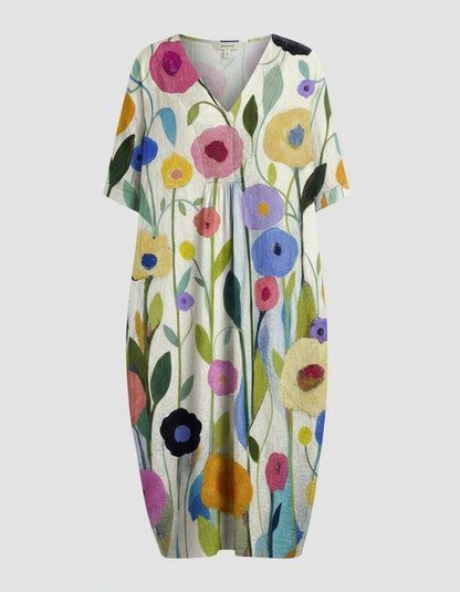 Effortless Floral Midi Dress for Women with V Neck Short Sleeve Relaxed Casual Style