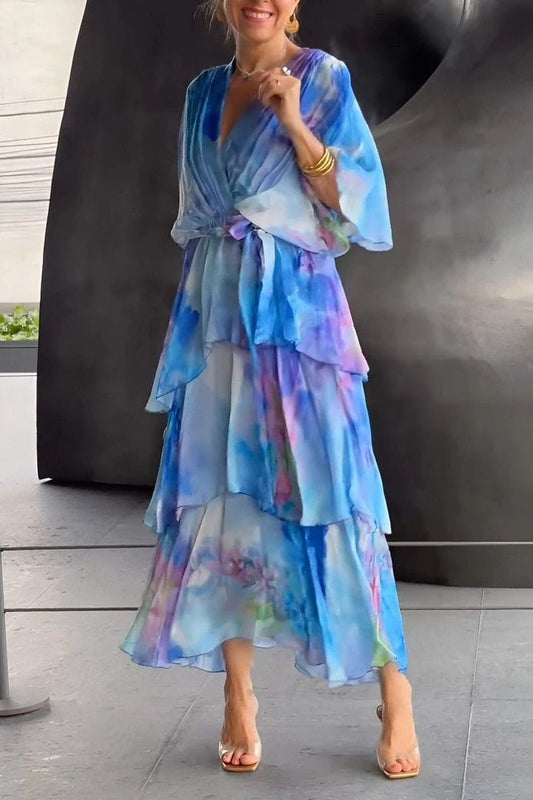 Effortless Tie Dye Maxi Dress for Women with V Neck Bell Sleeve Tiered Ruffle Flowing Bohemian Style